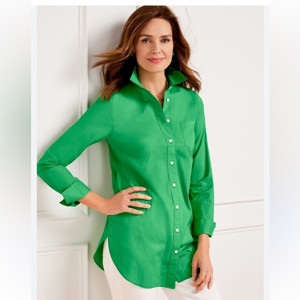 Talbots Green Boyfriend Shirt S-Small Petite Long Sleeve Button Front Poplin D-4